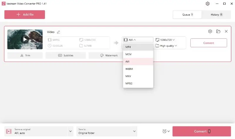 Set AVI as output format for each file